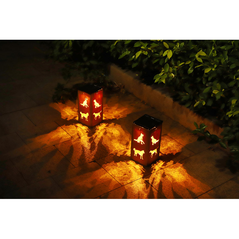 Brown Plastic Solar LED Outdoor Lantern with Dog Silhouettes