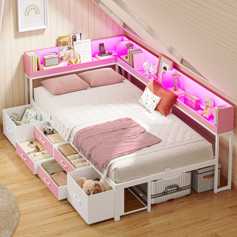 Twin XL Daybed with 6 Drawers LED Corner Bed with Bookcase & Charging Station Metal Platform Bed Frame for Bedroom, Guest Room, Pink