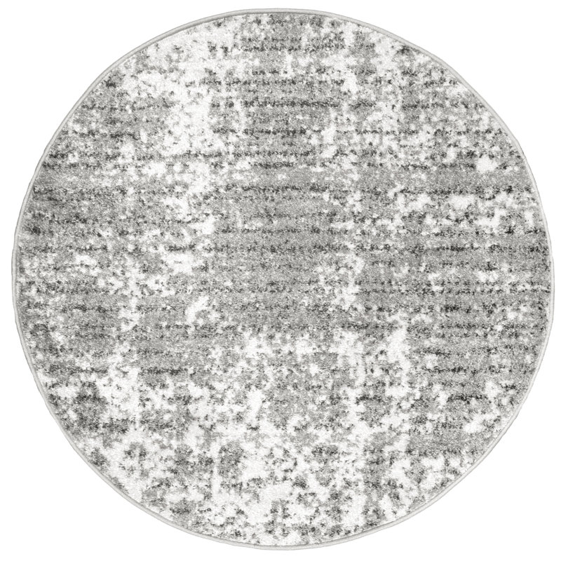Tapis performance gris / blanc moderne à motif abstrait tissé à la machine Deedra, Rond 8 pi