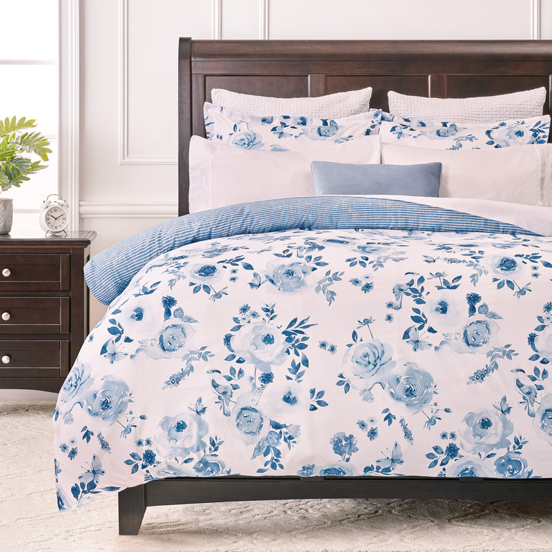 Ensemble de housse de couette réversible en microfibre Chanasya Blue Rose, Housse de couette pour très grand lit et 2 taies 