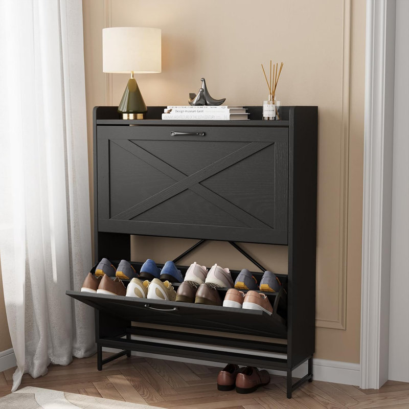 16 Pair Shoe Storage with 2 Smooth Flip Draws and Adjustable shelves，Farmhouse multi-Functional Shoe Cabinet  for Entryway, Narrow Space
