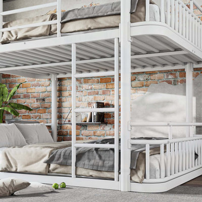Lit superposé grand sur grand avec échelles et garde-corps, structure en métal à tuyaux ronds améliorés, élégant et polyvalent pour toute pièce, blanc