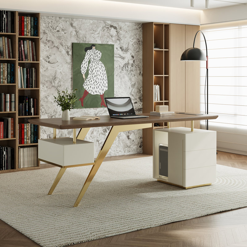 Luxury Walnut Finish Desk With Gold Legs Dual Storage And Wireless Charging