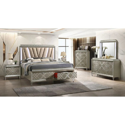 Flitwick Champagne 4pc Modern Bedroom Set With Led Bed And Storage