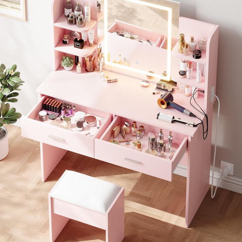 Ensemble de coiffeuse avec miroir lumineux, prise de courant, tabouret, 6 tablettes de rangement, 2 grands tiroirs et 3 lumières à luminosité réglable