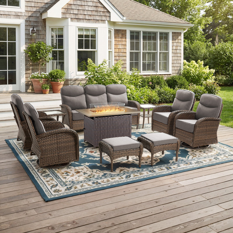 10 Piece Wicker Patio Furniture Set With 6" Thick Cushion - Outdoor Swivel Rocker Chairs Set With 3 Seat Sofa And Fire Pit Table, Patio Conversation Sets Proch Furniture For Balcony Deck