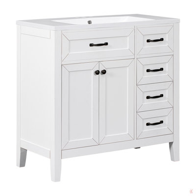 Ensemble de meuble-lavabo 36 po avec évier, armoire de salle de bain avec 5 tiroirs, structure solide et panneau en bois aggloméré