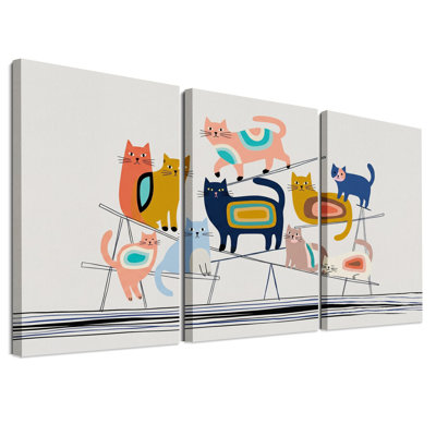 Ensemble de 3 toiles murales représentant des chats géométriques colorés sur des fils électriques