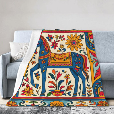 Colorful Floral Horse Throw Blankets Black Cute Horse Soft Throw Blanket Cozy Blanket Stylish Printed Room Decor For Sofa Couch Travel, 40 x 50 in