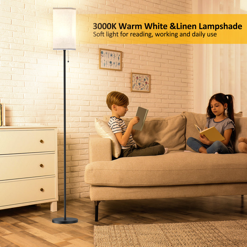 Adjustable White Metal Floor Lamp with Beige Linen Shade