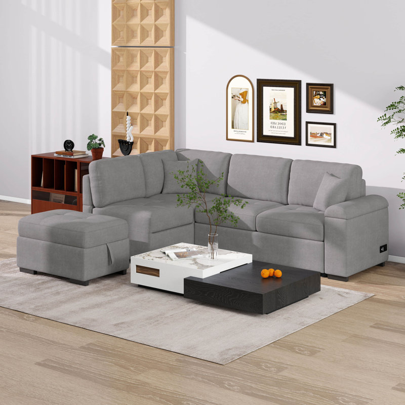 Canapé-lit convertible avec repose-pieds avec rangement, canapé modulaire en L avec bras de rangement et stations de charge, canapé-lit escamotable avec méridienne