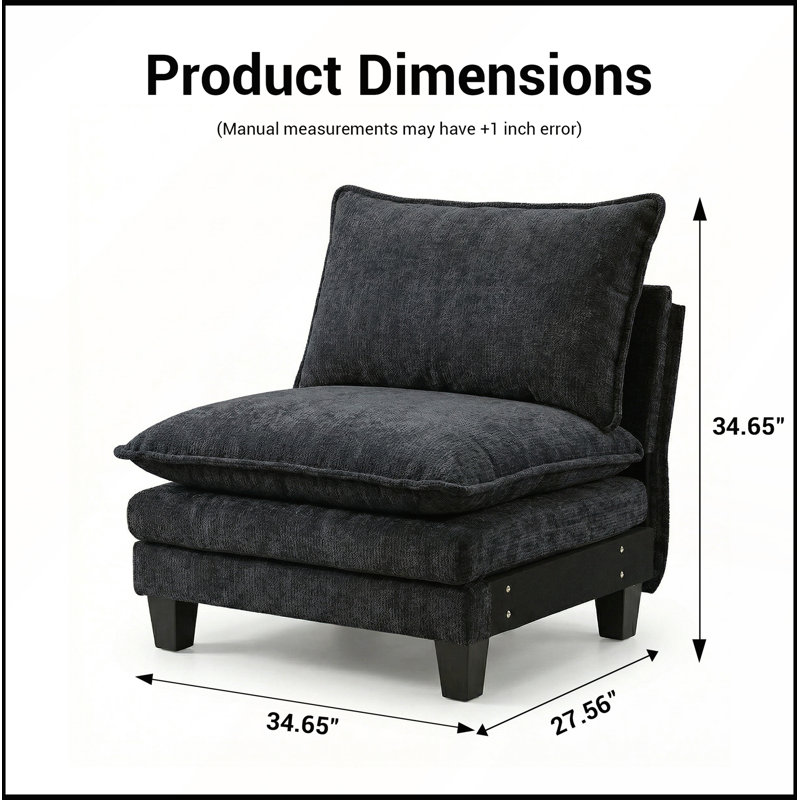 Fauteuil d'appoint en chenille noir sans accoudoirs, canapé simple modulaire moderne pour le salon et coin lecture, fauteuil club surdimensionné confortable