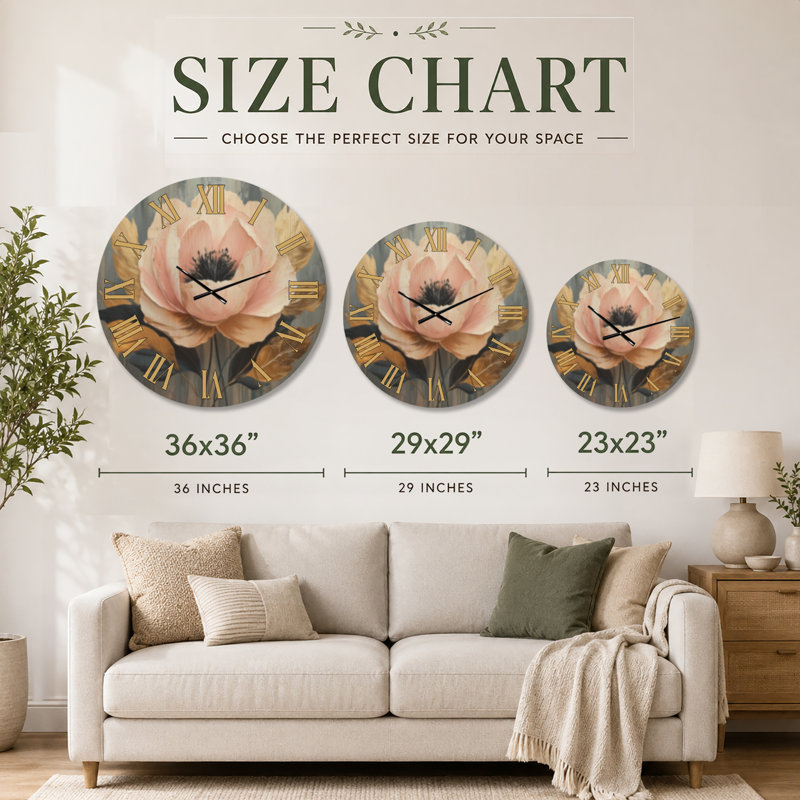 Pivoines Feuille d'Or II - Horloge murale décorative glamour, imprimée sur bois, Médium