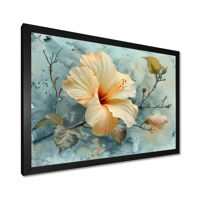 Hibiscus jaune et gris - Hibiscus, Toile encadrée noire simple, H 30 po x l 40 po x P 1,5 po
