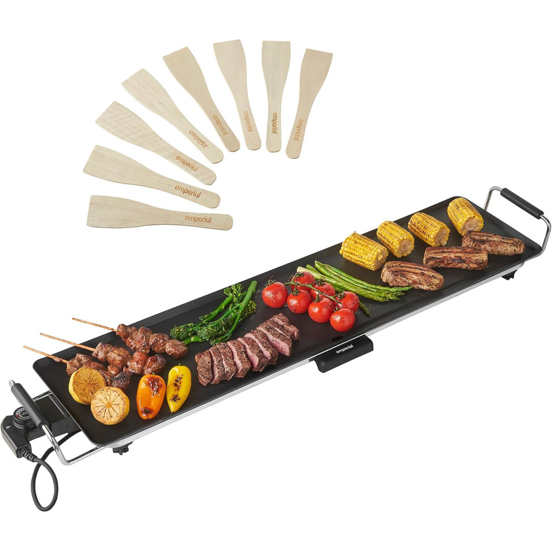 Emperial Teppanyaki Grill XXL 2000W - Electric Grill Non-Stick Plate, Adjustable Temperature, Drip Tray & 8 Spatulas - 90x23x10cm