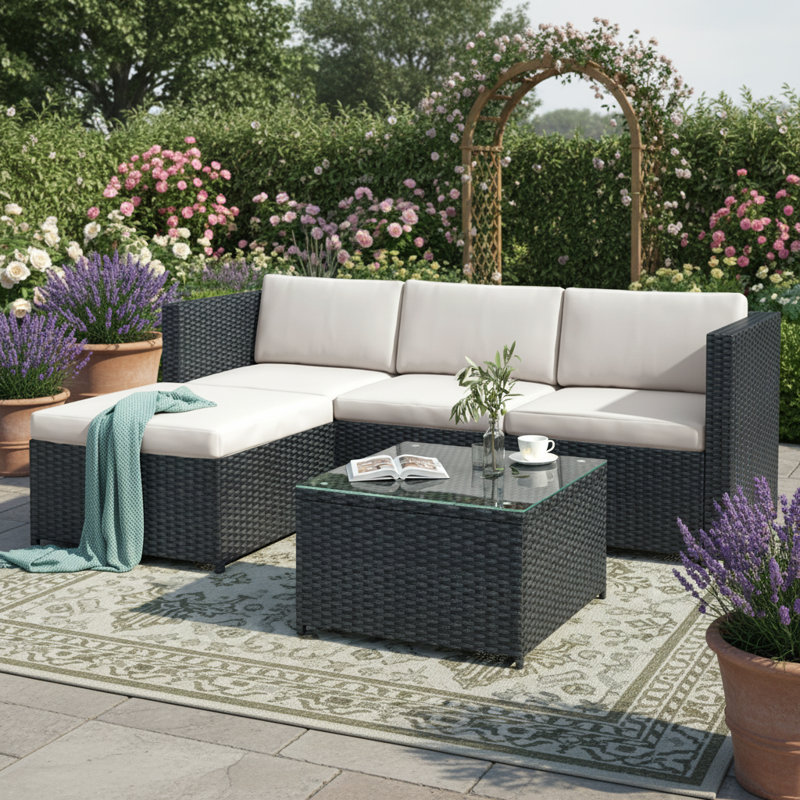 4 - Person Seating Group With Cushions, Beige Cushion/Black Frame