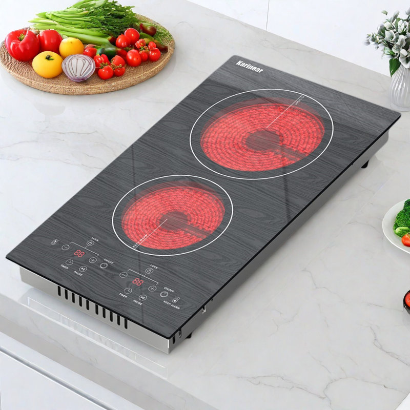 Plaque de cuisson électrique portative Karinear, plaque de cuisson électrique en vitrocéramique de 12 po, plaque de cuisson électrique à 2 brûleurs avec prise de courant de 110 V, utilisation sur le comptoir ou installation intégrée, surface de cu