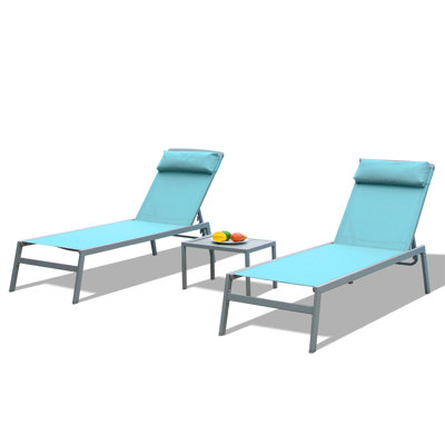 Ensemble de chaises longues de patio, chaises longues de piscine réglables en aluminium 3 pièces avec fauteuil inclinable PVC-coated polyester