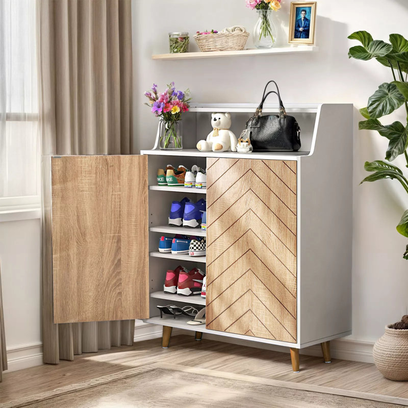 20 Pair Shoe Storage Cabinet With Open Shelves, White/Natural Wood