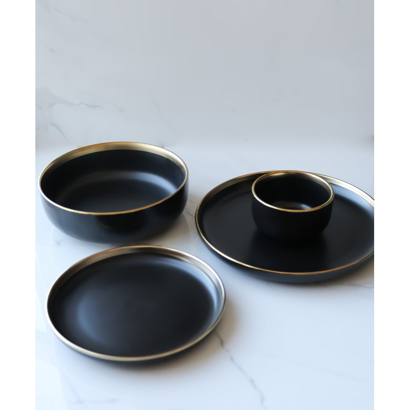 "The Luxury Collection" Black with Gold Trim - Four Piece Dinnerware Set