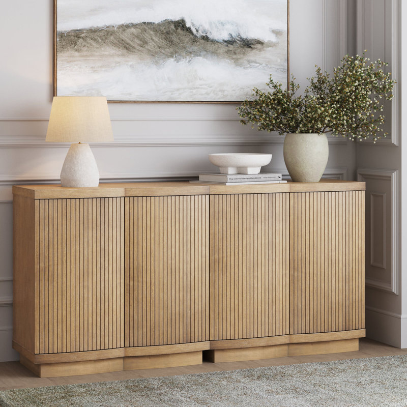 Mid Century Modern Cabinet Or TV Stand Console With Solid Wood Base