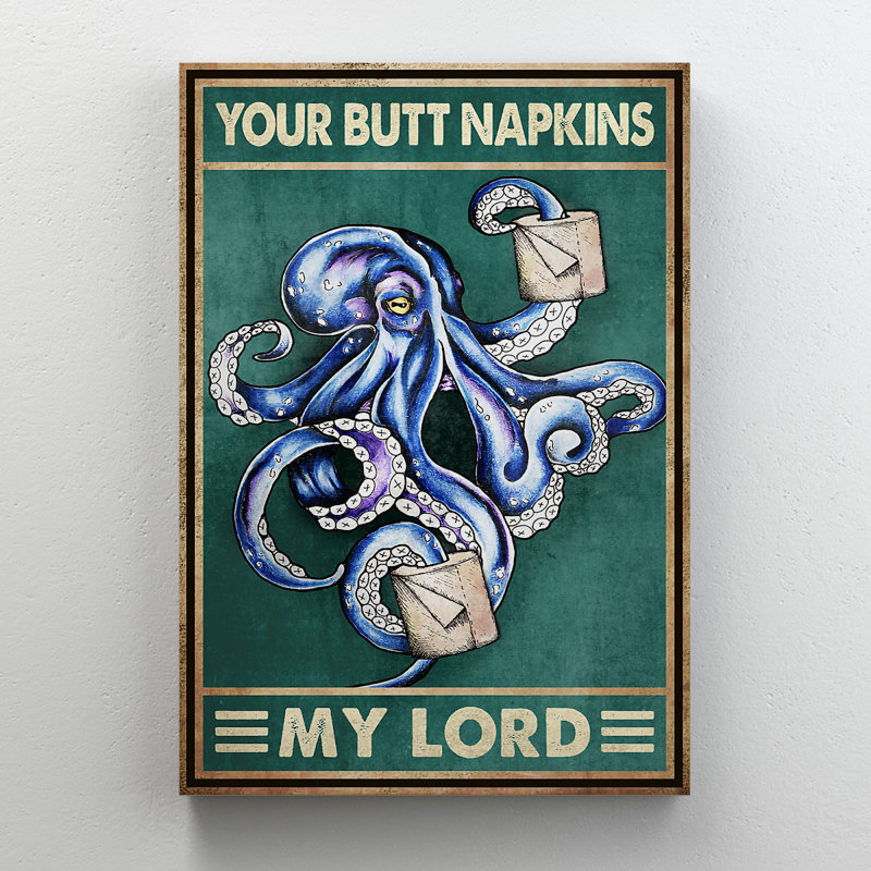 Pieuvre bleue - Your Napkins, My Lord, toile tendue avec châssis - décor d'illustrations animales pour salle de bain et lessive, décor de salle de bain bleu et blanc