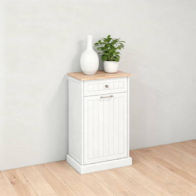 Free Standing Tilt-Out Trash Bin Cabinet With Drawer And Durable Oak Top For Kitchen Organization And Multi-Use Storage.