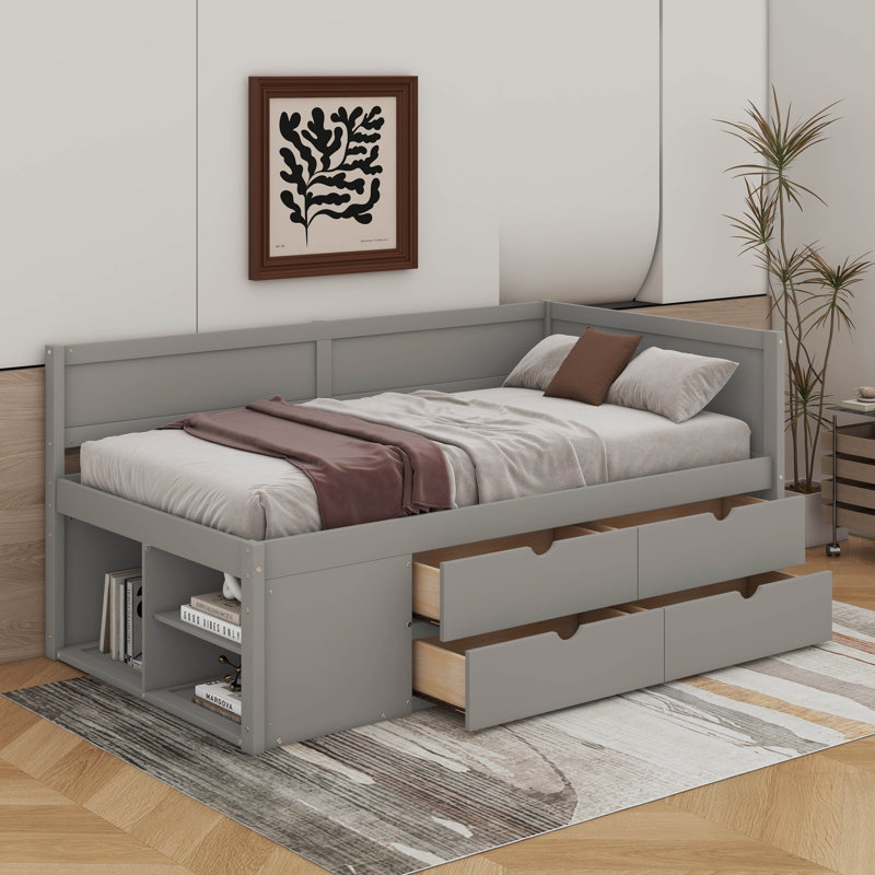 Daybed With Drawers And Shelves, Gray, Twin