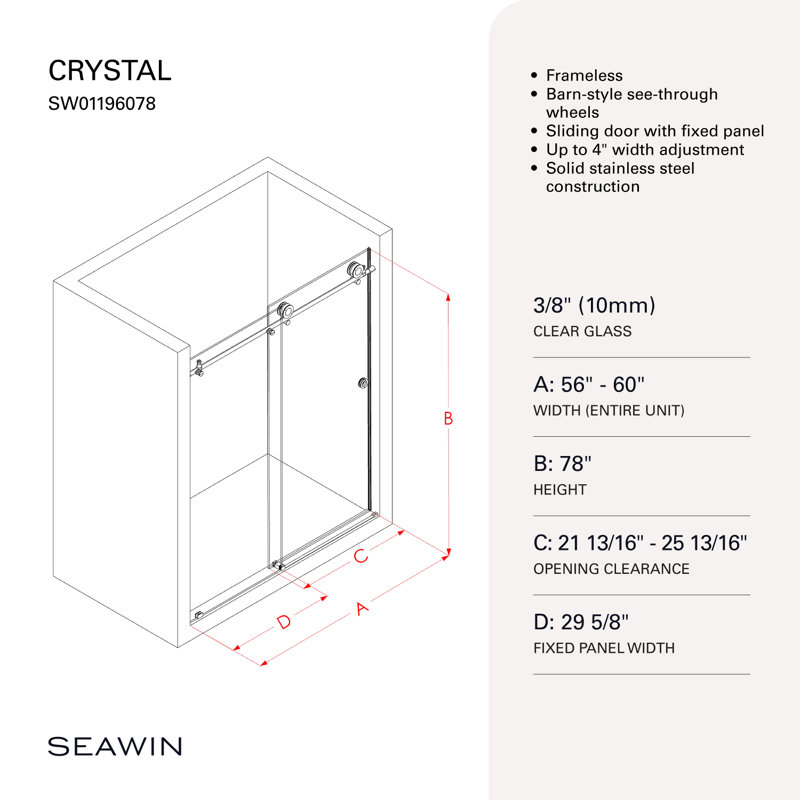  Crystal 56 - Porte de douche coulissante sans cadre 60 x 78 po en verre trempé transparent 3/8 po, Chrome chrome