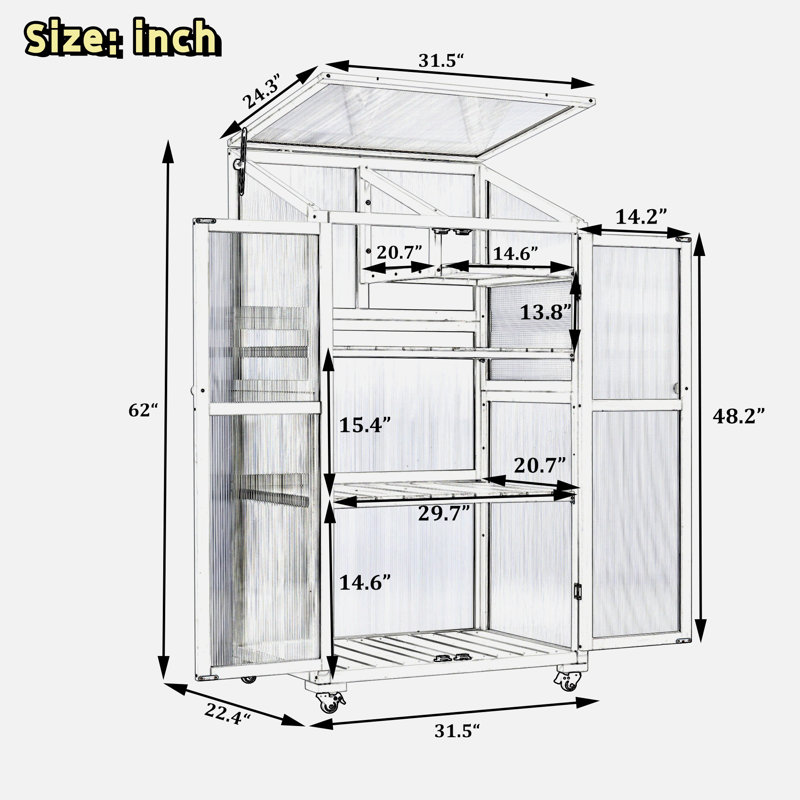 Height Wood Large Greenhouse Balcony Portable Cold Frame With Wheels, Adjustable Shelves And Openable Roof