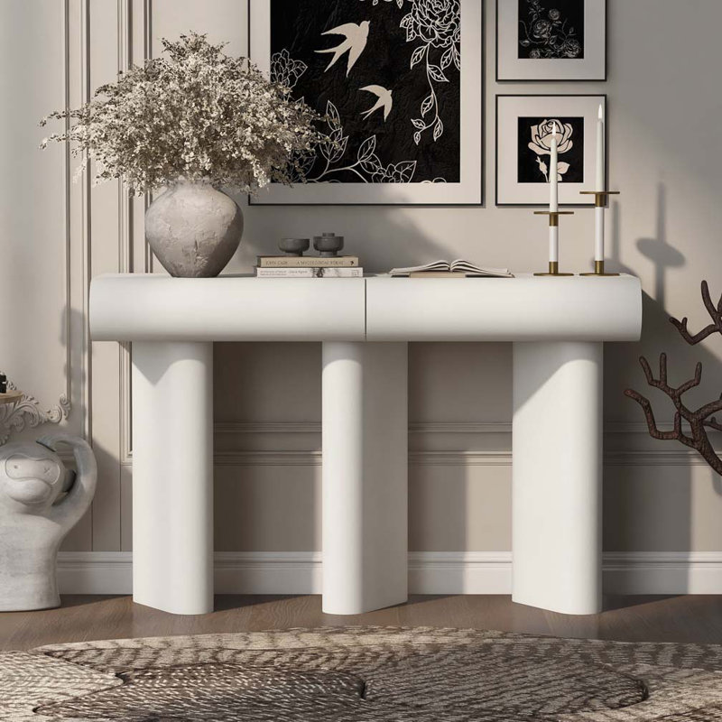 Entryway Table with 2 Curved Drawers,Space-Saving Hallway Table with Geometric Legs, White