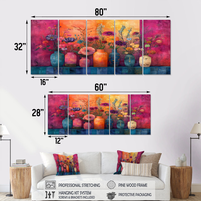 Fleurs roses et oranges, papier, ensemble de reproductions d'art mural, H 32 po x l 80 po