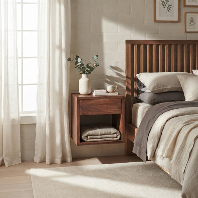 Handcrafted Walnut Hardwood Floating Nightstand Solid Wood | Floating Bedside Table With Soft Close Drawer