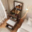 Meuble-lavabo compact 3-en-1 en noyer avec miroir rabattable, bureau en verre et 3 tiroirs pour le maquillage et le rangement
