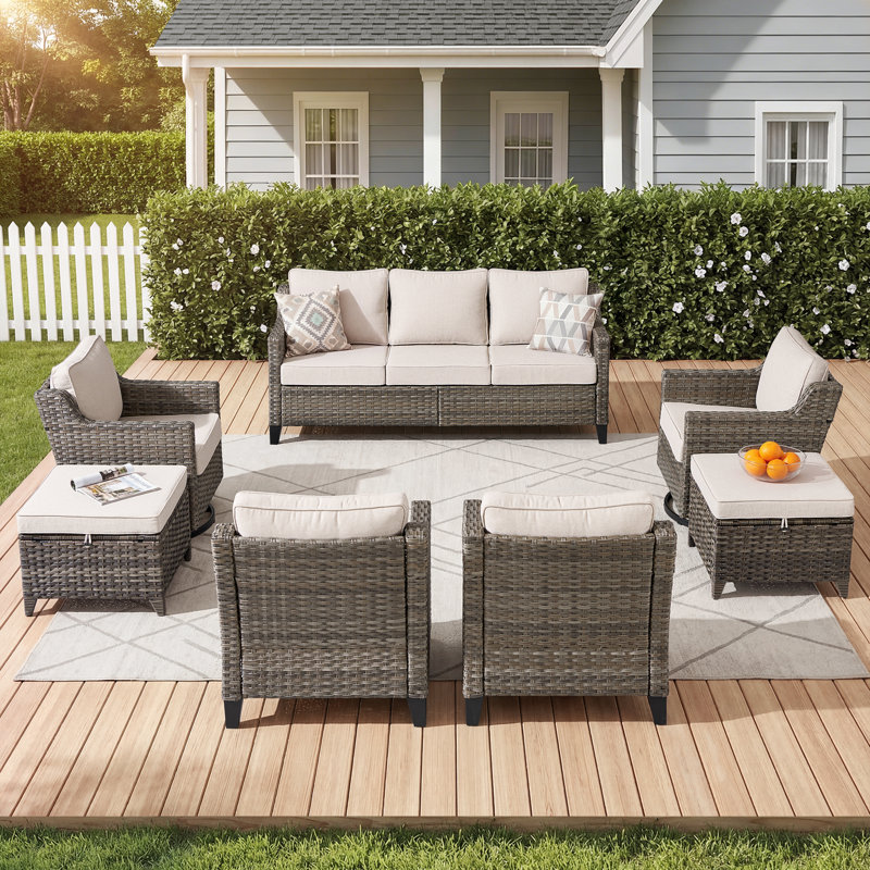 Wicker Patio Furniture Set-7 Pieceall Weather Outdoor Conversation Sets Sectional Sofa With Wicker Swivel Rocker Patio Chairs