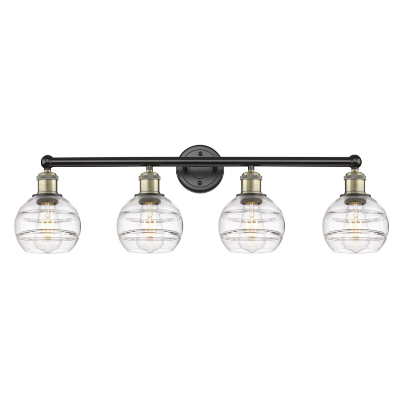 Éclairage pour meuble-lavabo à 4 lumières Chartoff, Transparent, Noir/laiton antique