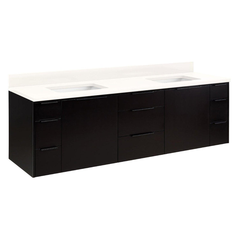 72" Dita Double Bathroom Vanity Set with Rectangular Undermount Sinks, Artic White Quartz, Black