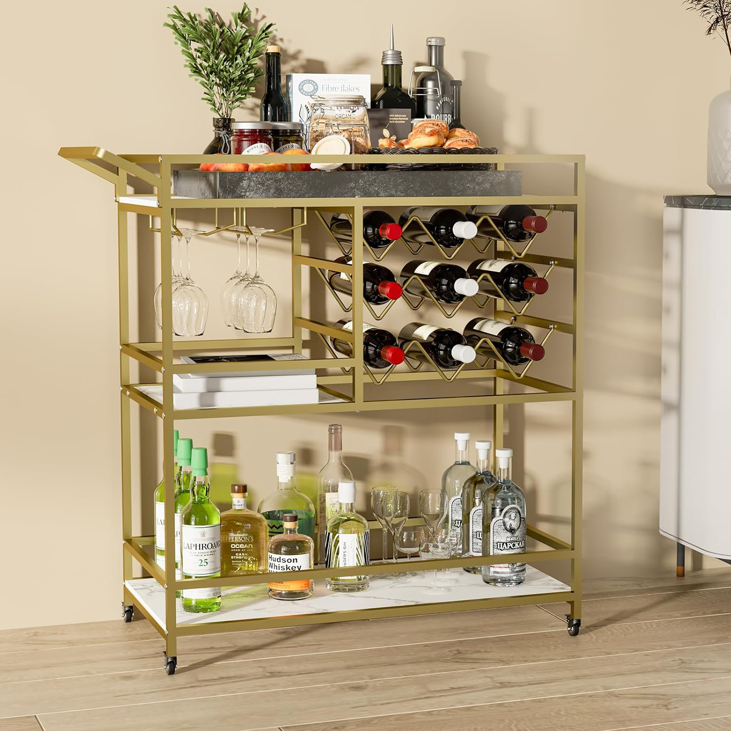 Mercer41 Mirvjena 3Tier Metal Bar Cart with Wine Rack and Glass