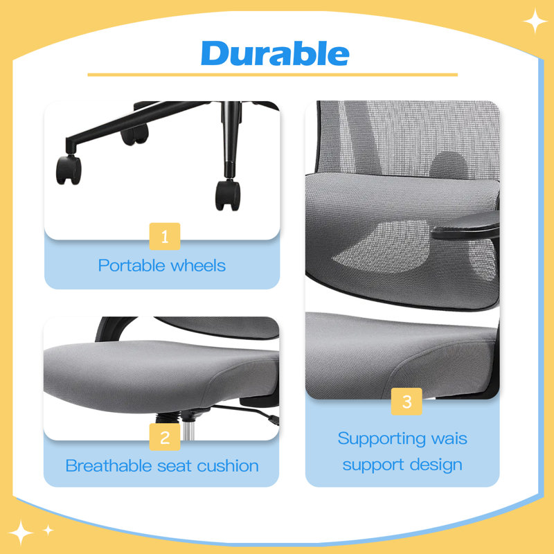 High Back Desk Chair with Adjustable Lumbar Support & Headrest,Comfortable Mesh Computer Chair with Soft Flip Up Arms, grey