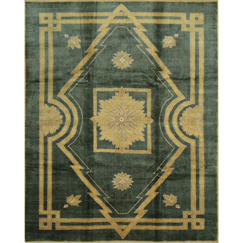 Green Hand Knotted Wool Area Rug, Rectangle 8' x 10'