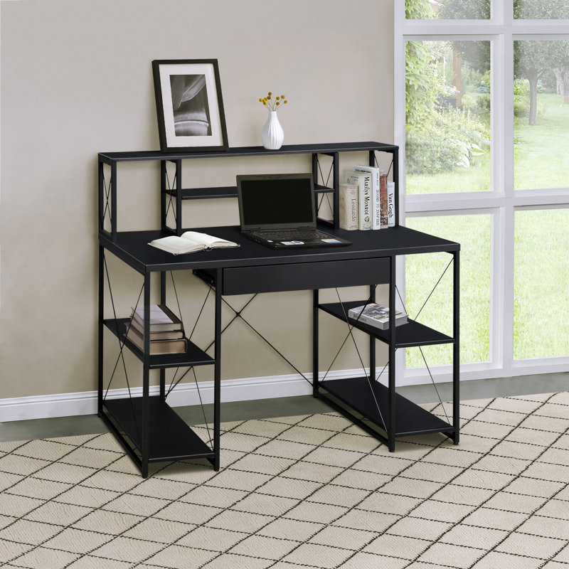 Bureau noir avec tablettes ouvertes et huche, Noir