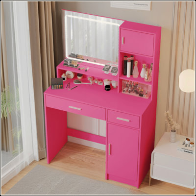 Bureau de coiffeuse avec miroir et bande lumineuse à DEL, coiffeuse avec grand tiroir, commode de rangement à 3 niveaux et 3 modes d'éclairage à luminosité réglable, convient à la chambre à coucher