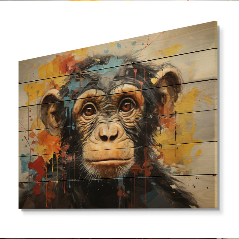 Jaune sarcelle jaune, singe espiègle, collage sur bois, H 30 po x l 40 po x P 0,78 po