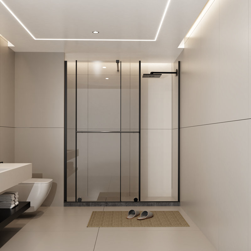 60 In. W X 72 In. H Adjustable Walk-In Shower Sliding Door & Screen (30"-60" Width Range), 1/4" Tempered Glass Shower Enclosure With Stainless Steel Handle, Supporting Bar, Leak-Free Design For Bathroom