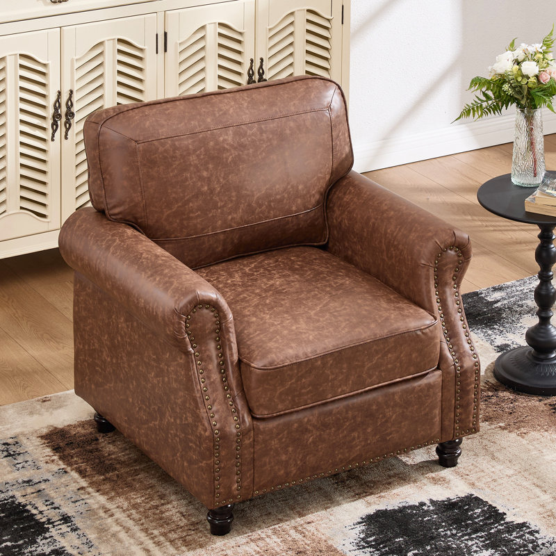 Upholstered Accent Chair Faux Leather Rolled Armchair, Dark Brown