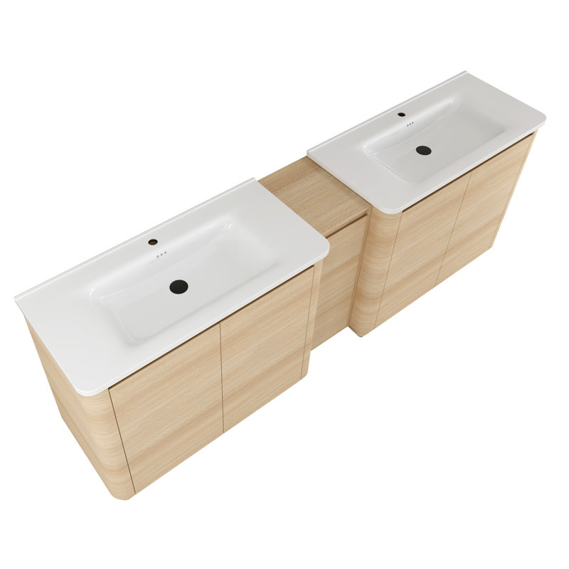 Meuble-lavabo autoportant de 234 cm avec lavabo en céramique blanche et 1 petite armoire de rangement, Chêne blanc, 92''