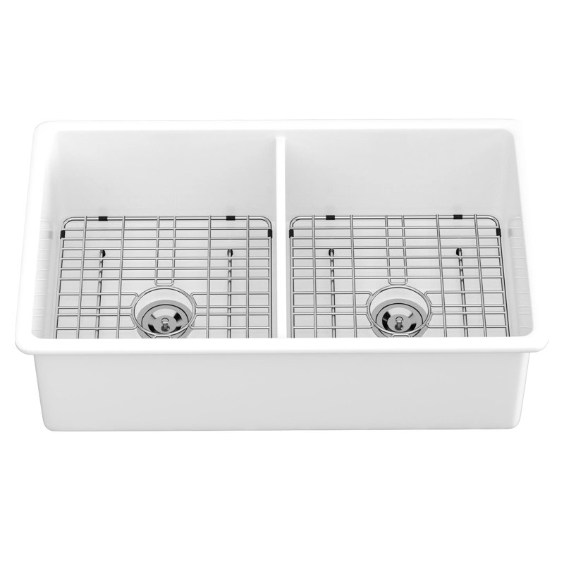 32" Undermount Double Bowl Ceramic Kitchen Sink - White Rectangular Deep Basin For Stylish Practical Arrangement