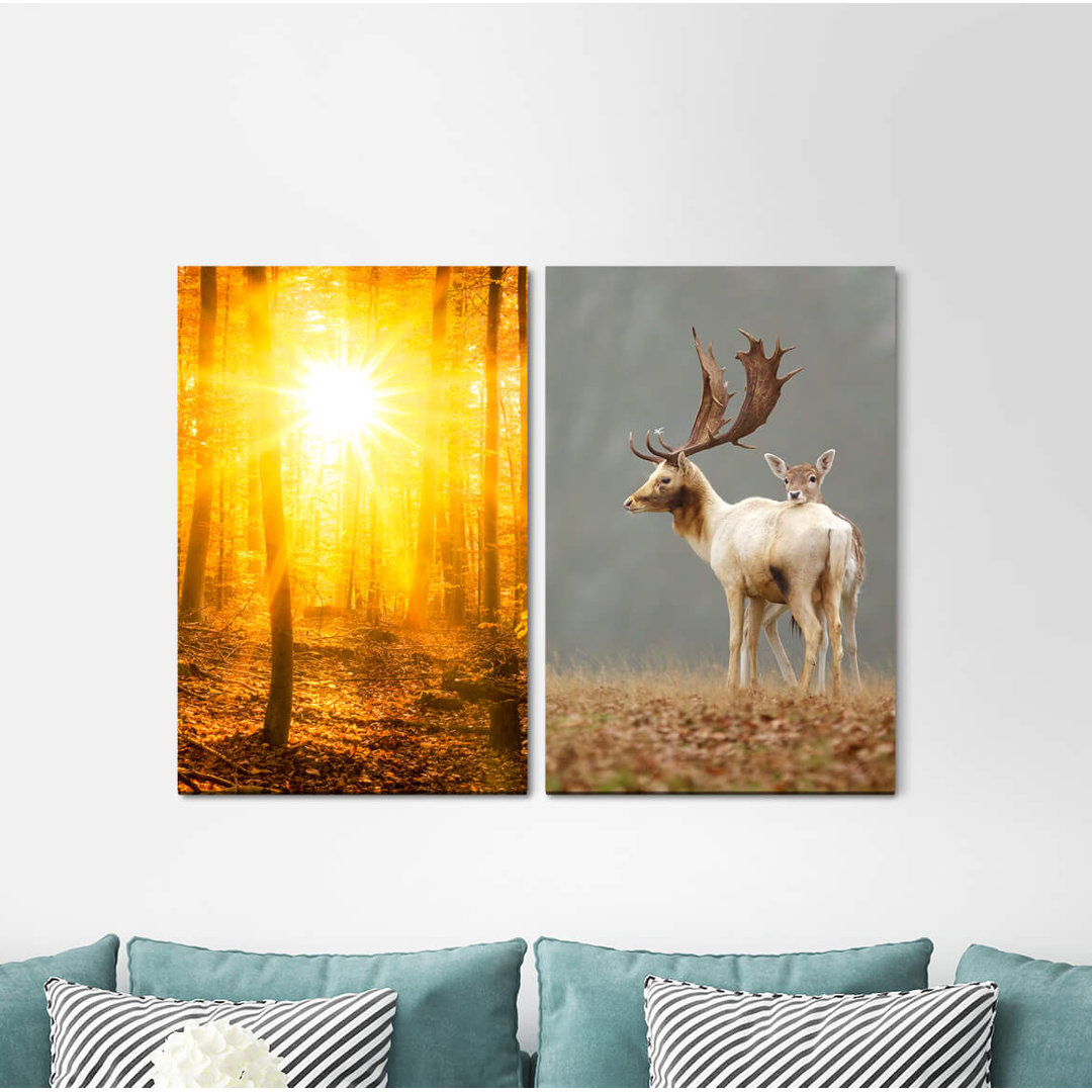 2-tlg. Leinwandbilder-Set - Fotografie „Forest Sunbeams Deer Antlers Warm Light Gold Positive Energy”