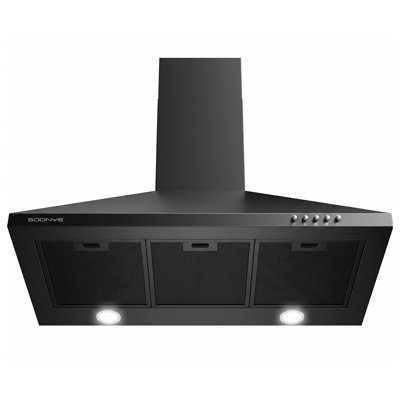 36 inch black tower-style range hood, 450 CFM airflow, stainless steel construction, for kitchen use, switchable between ductless and ducted modes, equipped with 3 speed settings, a permanent baffle filter, and 2 LED lights