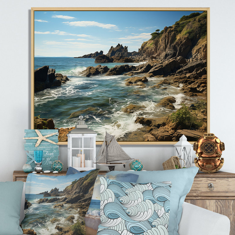 Rocky Beach Rocky Coastline I - Nautical & Beach Canvas Art Print, H 34 po x l 44 po, Cadre photo blanc